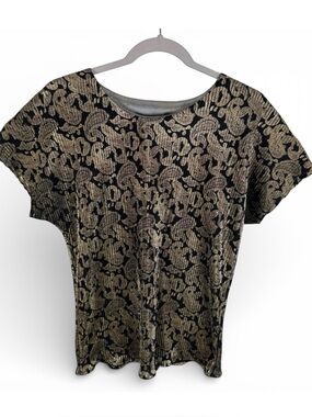 Trimmings Vtg Gold Metallic Paisley Plissé Dolman Blouse Black Gold Old Money L
